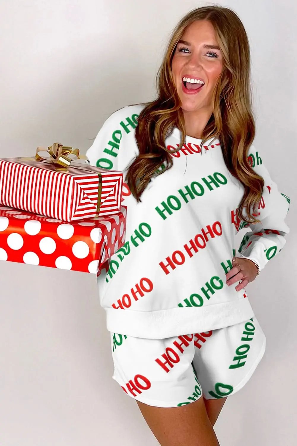 White Christmas HOHOHO Print Drop Shoulder Pullover and Casual Shorts Set - Love Salve